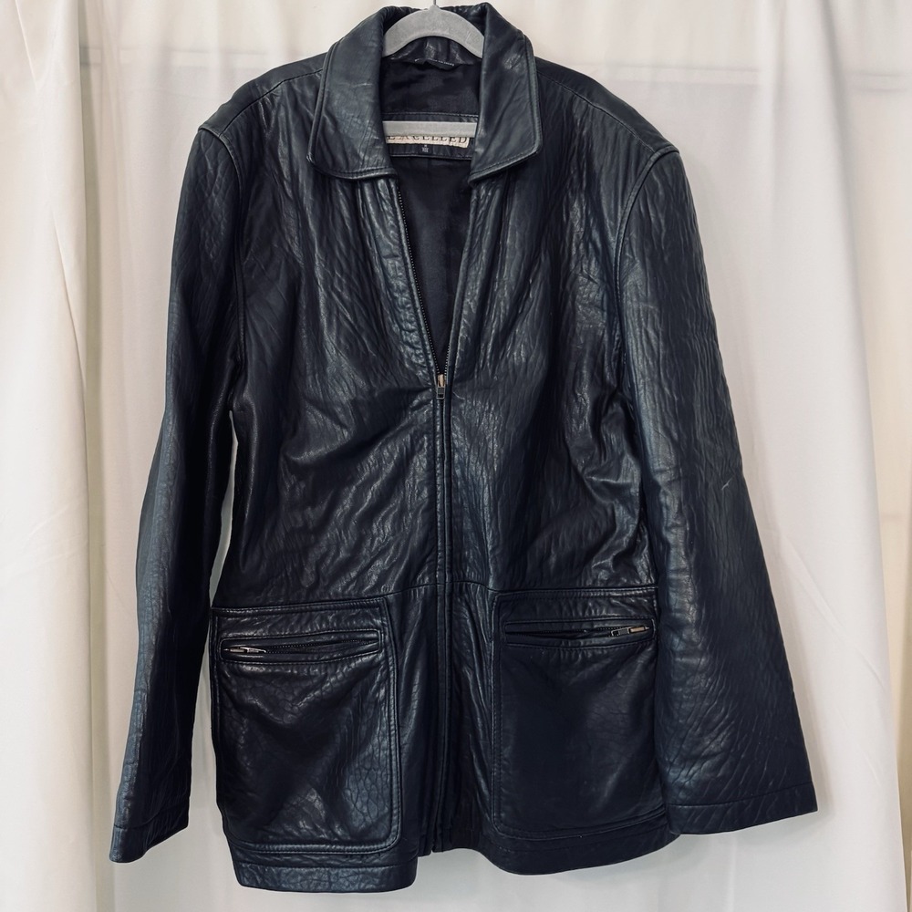 Excelled Vintage Black Genuine Leather Car Coat Jacket Utility Moto Y2K M